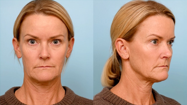 Before photo of Brooke showing lower face heaviness, jowling and neck laxity prior to preservation deep plane facelift surgery.